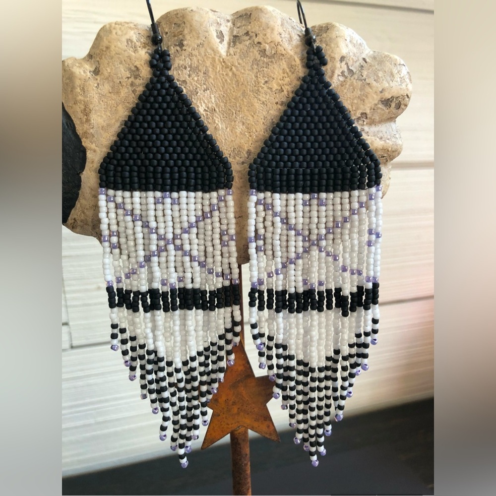 Beaded Black Purple White Dangle Fringe Statement Earrings Festival Gift NEW
